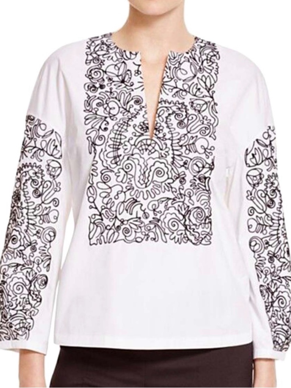 Tory Burch White Top with Black Embroidered Motif